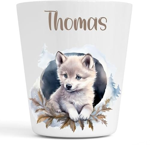 Générique Gobelet en Plastique pour Enfants | Gobelet Personnalisé avec Nom |Verre Plastique Incassable Personnalisé motif Bébé loup (Modèle Thomas)
