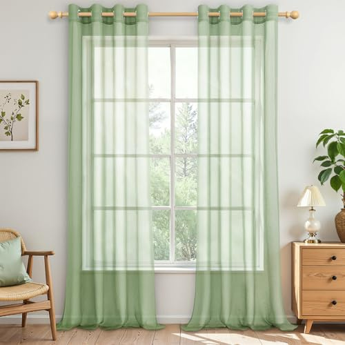MRTREES Vorhang Durchsichtig Gardinen Wohnzimmer Modern Salbeigrün mit Ösen 2er Set, H 240 x B 140 cm, Transparente Vorhänge für Schlafzimmer Fenster Deko Ösenvorhang Elegant