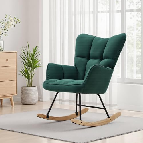 DARDVORLAG Samt-Schaukelstuhl Grün – Ergonomischer Relaxstuhl Chenille-Samtbezug, gepolsterter Sitz Schwingsessel Holz-Kufen, Metallrahmen, Designer-Schaukelsessel für Wohnzimmer & Schlafzimmer