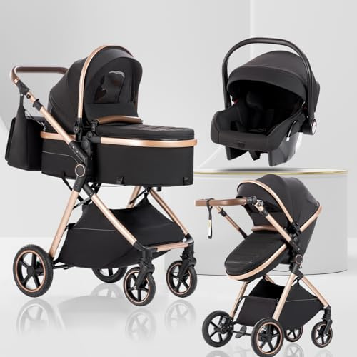 Lnhcrbs Cochecito Bebe 3 Piezas con Capazo, Sistema de Viaje's Capazo es Plegable, Carrito de Bebé Mang es Ajustable, las Ruedas son de Material PU, para 0-3 Años-Negro dorado