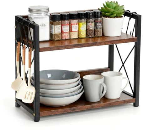Tuevob Kaffee Tee Organizer, 2-Tier Holz Kaffeebar Zubehör Organizer, Tassenhalter Tassenständer Arbeitsplatten Gewürzregal für Küche, Kaffeeständer für Kaffeestation und Büro Coffee Station