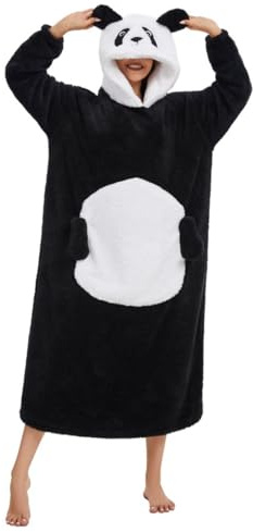Couverture à Capuche Oversize Panda avec Manches Grande Poche Hoodie Plaid Sherpa Unisexe Wearable Blanket Long Animaux Hiver