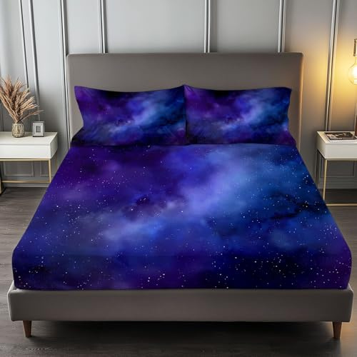 Galassia Nebulosa Cielo Stellato Lenzuola Una Piazza e Mezza con Angoli Blu-Viola, 135 x 190 cm Lenzuola in Microfibra con Angolo Fino a 30 cm, Set completo da letto con 2 federe