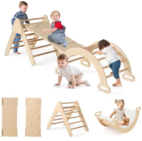GOPLUS 7 en 1 Triángulo de Escalada para Niños de 1+ Año, Montessori Escalador con Tobogán Rampa Arco, Juguetes de Escalada de Madera, Slide Aprendizaje para Guardería Casa, Carga 50 kg (con cojín2)