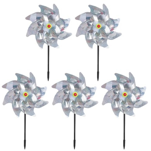 DIYEAH Moulins à Vent Réfléchissants Argentés 8 Branches pour Jardin Anti-Oiseaux, Lot De 5 Pièces, Outil Extérieur Écologique pour Protection Terrasse Et Verger