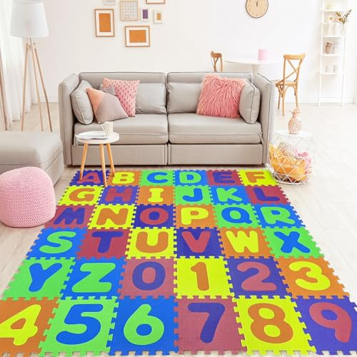 Spielteppich für Kinder, Puzzleteppich, Krabbelmatte für Jungen & Mädchen,Boden Krabbelmatte Kinderzimmer,Matten für Kinder Spielunterlage,Stil C (36 Buchstaben + Zahlen)