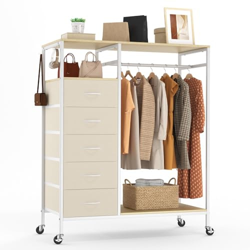 Hokeeper - Armadio appendiabiti tutto in uno con 5 cassetti, armadio mobile con ruote, asta per vestiti e ripiani aperti per camera da letto, lavanderia - Beige