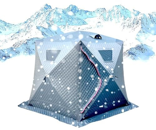 Alomejor Thicken Quick Set Up Winter Fishing Tent for 5-8 People Double Door Design Firewood Heater Port Design Oxford Cloth Fiberglass Black Grey Hexagonal (Pentagonal)