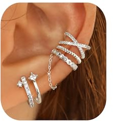 Roheafer 4 PCS Ear Cuffs Non Piercing Hypoallergenic Silver Plated Ear Cuff Earrings for Women Trendy CZ Clip On Cartilage Earring Set Dainty Adjustable Fake Piercings Earrings Cross