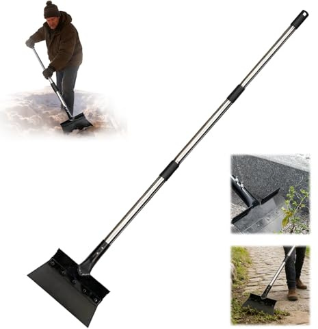 Rascador de jardín multiusos de alta resistencia y rompedor de hielo, pala de nieve, picadora de hielo para entrada, pala plana de 52 pulgadas con mango ajustable, rascador de suelo para nieve