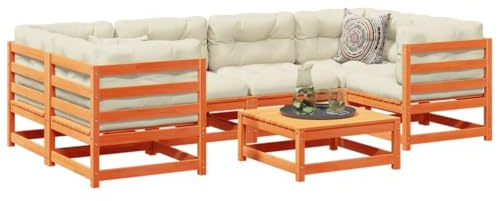Ensemble de salon de jardin en pin massif 7 pièces, canapé de jardin modulaire avec coussins, marron cireux