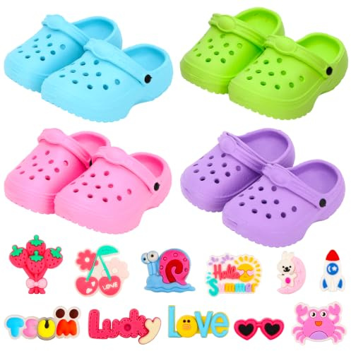 Miunana 4 Doll Shoes 8 Decor Pins DIY Accessories for 14-18 Inch Baby Dolls | 4 Macaron Color Hole Shoes + 8 Decorative Pins, DIY Doll Customize, fits 35-45cm Baby Dolls, Creative Dress-Up Fun for Kids