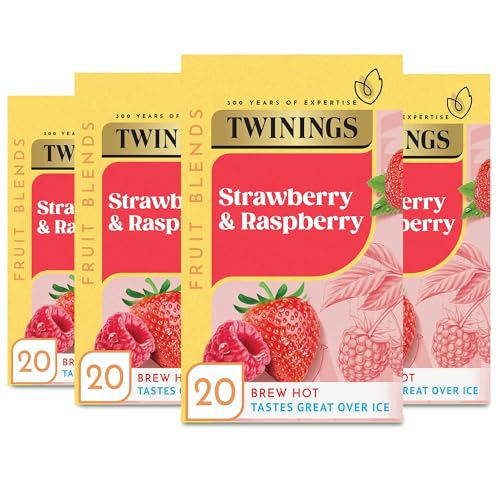 Twinings Strawberry & Raspberry Fruit Tea, 80 Tea Bags (4 x 20) | Multipack, Fruit Infusion, Real Fruit Pieces, Naturally Caffeine Free, Sugar Free, No Tea Leaf, Suitable for Vegans