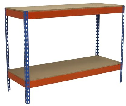 SimonRack Banco de Trabajo Taller, Mesa de Trabajo Taller, Carga Máxima 400 kg, 900x1500x450 mm, Bricolaje, 2 Alturas, Azul/Naranja/Madera - BT-Basic