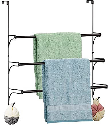 Over the Door Towel Rail - 3 Tier Bathroom Hanging Towel Rack with 2 Hooks - Expandable Towel Ladder for Towelsor Clothing - Bronze