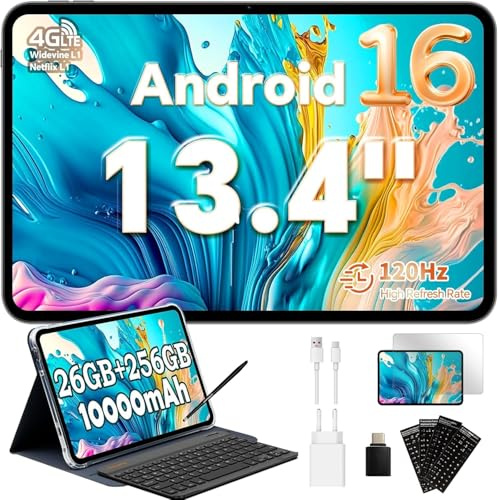 TECLAST T65 Tablet 13.4 Pulgadas Android 16, Pantalla 120Hz, 10000mAh, 26GB RAM + 256GB ROM, Doble SIM 4G LTE, 2.2GHz Octa-Core, Gemini AI, Widevine L1, GPS, 5G WiFi, Tablet con Teclado y Lápiz
