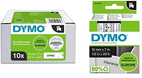 DYMO Original D1-Etikettenband | schwarz auf weiß | 12 mm x 7 m | selbstklebendes Schriftband | 10 Etikettenkassetten & Original D1-Etikettenband | schwarz auf transparent | 12 mm x 7 m