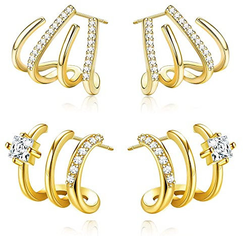 Adramata Boucles d'oreilles à Quatre Griffes pour Femme Filles, 14K Plaqué Or Boucles d'oreilles en Zircon Brillant pour Femmes, 4 broches Wrap boucles d'oreilles pour les filles ami (2Pairs),g