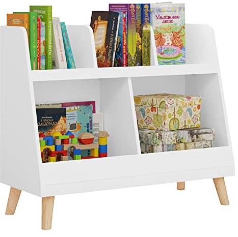 Lestarain Kinderregal, Kinderzimmerregal mit 5 Ablagefächern, Bücherregal für Kinder, Spielzeug-Organizer, Aufbewahrungsregal für Kinderzimmer, mit Massivholzbeinen, 82x70x35 cm, Weiß
