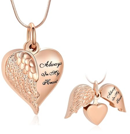 Minicremation Heart Urn Necklace Pendants for Ashes Angel Wings Cremation Jewelry for Women Men Keepsake Memorial Ash Jewelry Always in my Mind Forever in my Heart