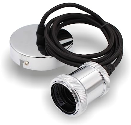 Pendelleuchte mit textilummanteltem Silikonkabel FLEX, Metall Baldachin und E27 Fassung & Schraubring | 2000mm (Chrom)