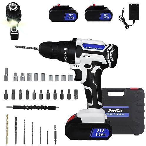 Akku-Bohrschrauber 21V Akkuschrauber Set mit 2x 1500mAh Akkus und 24tlg Zubehör, 45 N.m Max akku bohrmaschine, 2-Gang, 25+1 Drehmomenteinstellung, Akku Schlagbohrschrauber Set mit LED Arbeitslicht