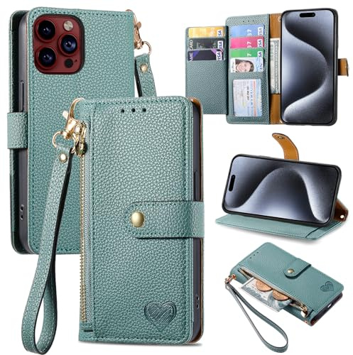 VEEMOS Zipper Wallet Case for Apple iPhone 15 Pro Phone Case with Purse Card Holders RFID Blocking Leather Flip Case Book Cover Wrist Strap Women - Green