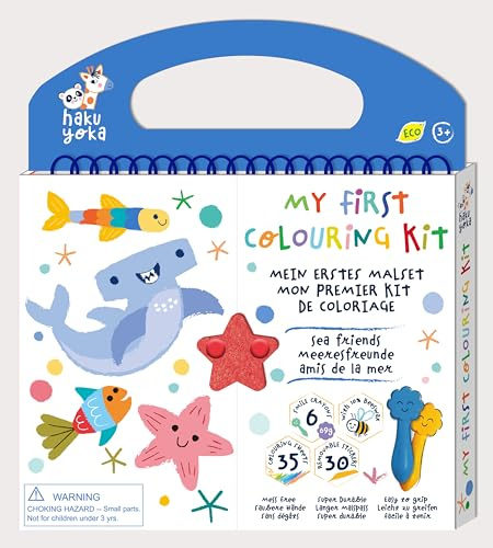 Haku Yoka 6303071 Mein erstes Wachsmal-Set, Meeresfreunde, Ausmalbuch mit 6 Wachsmalstiften, 35 Seiten zum Ausmalen inkl. 30 Sticker, Wachsmalkreiden für Kinder ab 3 Jahren, blau