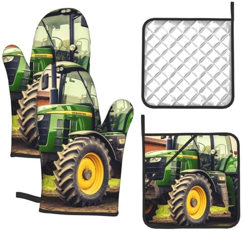 Ofenhandschuhe und Topflappen im Traktor-Design, hitzebeständig, dick, Küchenhandschuh, zum Kochen, für Zuhause, Mikrowelle, Handschuhe, rutschfest, zum Backen, Grillen, 4 Stück