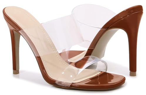 Husmeu Summer Sexy High Heeled Sandal for Women Transparent Strap Stilettos High Heels Mules Heeled Sandals Open Toe Slip on Dress Shoes Brown 7.5-8
