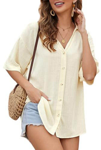 PASUDA Damskjorta med V-ringning Sommarblus Kortärmad Blus Linne Elegant Blus Knappar T-shirt Mode Avslappnad Enfärgad Tunika Toppar T-shirt, Gul, S