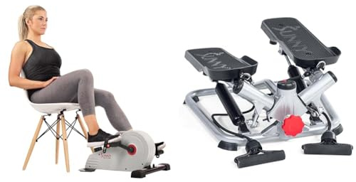 Sunny Health & Fitness Magnetic Under Desk Pedal Exerciser, Dual Function Mini Exercise Cycle Bike + Advanced Twist Stepper Machine with Resistance Bands, Portable Mini Stair Stepper