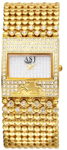 Avaner damklockor rektangulär guldklocka: Diamant armbandsur glänsande urtavla flera lager brett pärlarmband analog kvartsur justerbart smyckesspänne damklocka som present till kvinnor, Guld, Glam