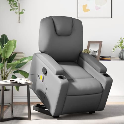 Homgoday Massagesessel mit Aufstehhilfe, Aufstehsessel Fernsehsessel Relaxsessel mit Liegefunktion, Ruhesessel Seniorensessel TV Sessel Liegesessel für Wohnzimmer Grau Kunstleder