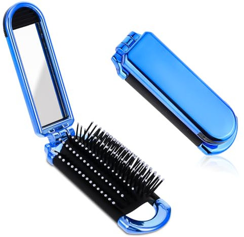 Mini Travel Hair Brush, Small Foldable Hairbrush Compact Hair Brush with Mirror and Round Tip Nylon Bristles for Women and Men, Portable Pocket Size Comb for Car Gym Bag Purse (Electroplating Blue)