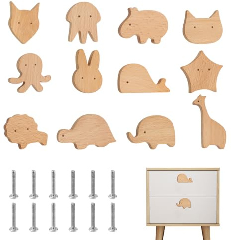 EUIEUT 12 Stück Möbelknöpfe Holz Schrankknöpfe Kinderzimmer Tierformen Schubladenknöpfe Holzknöpfe Türknöpfe Möbelgriff Schrankgriffe Griffe Kommode mit 12 Schrauben für Schubladen Schränke Dekoration