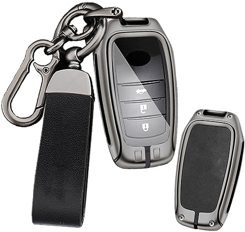 ontto Leder Autoschlüssel Hülle Schutzhülle Passt für Toyota CHR Hilux Fortuner Land Cruiser Yaris GR Cross Hybrid Camry Corolla Crown RAV4 Schlüsselhülle Metall Schlüsseletui 2/3/4/5/6 Tasten-Schwarz