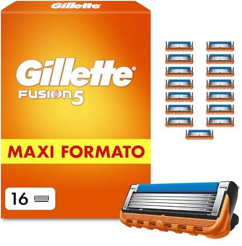 Gillette Lamette Fusion 5, 16 Cartucce per Rasoio Barba Uomo, Multicolore | 16 Lamette di Ricambio per Rasoio Barba Manuale, Striscia Lubrificante e 5 Lame per Rasatura Profonda e Duratura