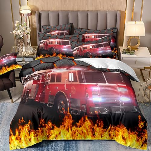 VOGIAY Feuerwehr Themen Bettwäsche Set, Feuerwehrwagen Bettbezug 135x200cm + 1 Kopfkissenbezug 80x80cm Mikrofaser Jungen Jugendliche Zimmer Dekorativ Fahrzeug Auto Coole Feuerwehrmänner Bettwäsche
