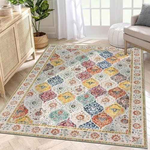 SHACOS Moroccan Washable Rug 120x170 cm Vintage Area Rugs Non Slip Boho Bedroom Rug Distressed Printed Carpet Rugs for Bedroom Dining Room Office, Cream
