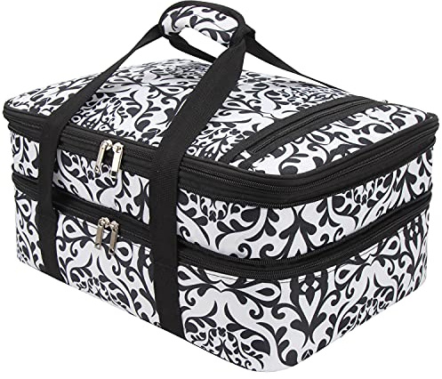 Insulated Casserole Carrier Bag - Double Decker Portable Lunch Transport Tote Bag Fits 9x13 Lasagna Baking Dish to Keep Food Hot/Cold for Gathering/Potluck Parties/Cookouts/Picnics -Black/white