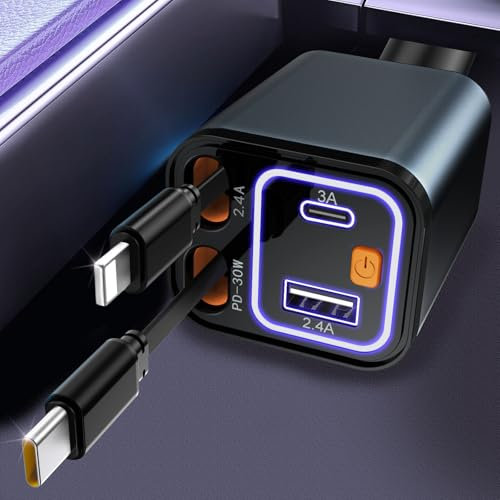 GaoBao Caricabatterie da Auto USB-C Retrattile 4 in 1, Caricatore Auto USB a Ricarica Rapida da 30 W+Illuminazione Ambientale Arcobaleno, Custodia in Metallo,Type-C,Compatibile con iPhone/Galaxy/Pixel