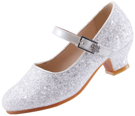Scarpe da principessa, scarpe Mary Jane da bambina, con tacco alto, scarpe da festa per matrimoni, comunioni, scarpe piatte versatili, Cenerentola Bianco, 38/38.5 EU