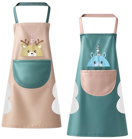 APOMOONS 2 Unidades Mandiles de Cocina Unisex con Bolsa y Paño de Limpieza, Impermeable Delantal Cocina Mujer, Delantales para Restaurante, Hornear, Jardinería, Azul Rosa