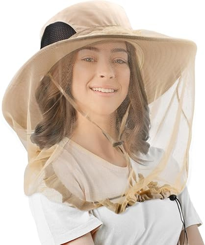 Confezione da 2 cappelli a rete con zanzariera, cappello da moscerino con rete, cappello da sole a tesa larga per apicoltori, giardinaggio, campeggio, escursionismo all'aperto, verde militare, beige