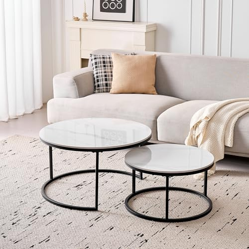 DEYARNA HOME Runden Couchtisch 2er Set, Moderne Satztische mit Keramikplatte (Keine MDF-Platte), Ideal für Wohnzimmer, Schlafzimmer, Balkon und Büro (Weiß+Schwarz), 50+70cm