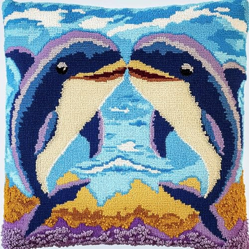 ANSIWEIGO Knüpfkissen set für Erwachsene,Kissen Selber Knüpf Set mit Werkzeug und Anleitung für Kinder,43x43 cm,Paar Delfine