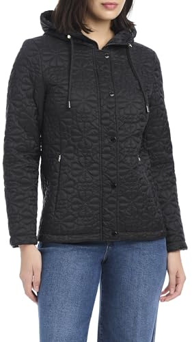 kate spade new york Women's Spade Flower-Quilt Hooded Jacket, Black, Medium