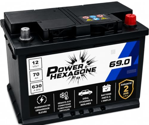 Batterie Voiture 12V 70Ah LB3 - Démarrage 630A - Batterie Auto Sans Entretien - Format standard Compatible Engins & Véhicules légers - Remplacement Origine - Livraison rapide Power Hexagone