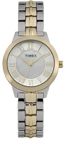 Timex damklocka Main Street, 30 mm, legerat tvåfärgat armband med urtavla i silverton och tvåfärgad boett, TW2Y38300